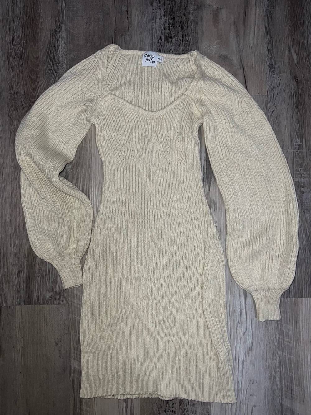 Cream Ribbed Knit Dress w/ Dramatic Balloon Sleeves